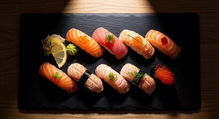 An elegant platter of assorted nigiri sushi with fresh salmon and tuna, served on a black slate board.