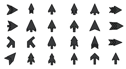 A collection of twenty-four unique arrow designs, presented in a grid pattern, all pointing in various directions and styles.