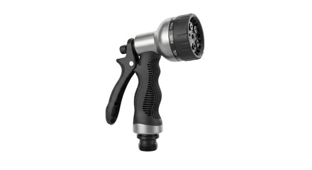 Spray Gun: This high-angle shot offers a detailed glimpse of a metallic spray gun, commonly utilized for garden watering or cleaning tasks. The tool's ergonomic design, alongside its functionality.