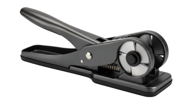 Document Sealer: A close-up shot of a sleek, gray document sealer, emphasizing its detailed construction. The tool is positioned against a soft background.