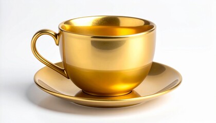 Shiny metallic gold teacup with curved handle on matching gold saucer, set against a plain white background
