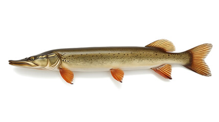 The image depicts a northern pike fish with a pointed snout, dark greenish back, yellowish spots, reddish-orange fins, and a broad, slightly forked tail, showcasing its unique features.