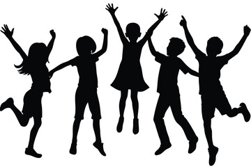 Obraz premium Energetic Children's Silhouette Joyful Group Jumping and Celebrating Together in Monochrome Simplicity