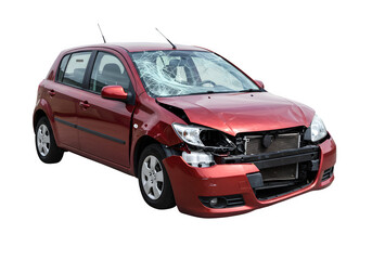 Fototapeta premium The front side of a crashed car, isolated on white or transparent background. PNG, serving as a powerful symbol of vehicle accident and damage