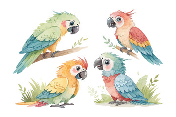 set of cute Watercolor exotic parrot birds