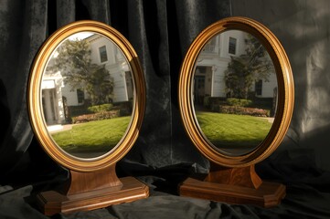 Two ornate antique oval mirrors with gilded frames reflecting a stately building and lush green garden on a dark background