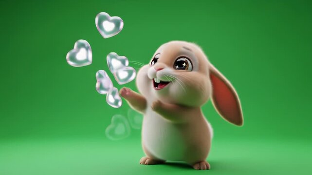 Cute bunny with hearts 3d render cheerful expression green screen valentines day concept high quality professional