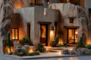 Traditional desert adobe house with rustic windows high resolution picture