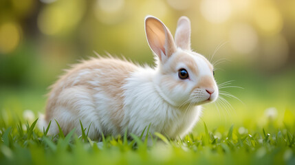 Obraz premium Cute little rabbit on green grass with natural bokeh as background during spring. Young adorable bunny playing in garden. Lovrely pet at park