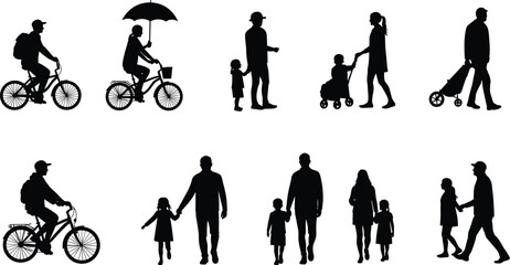 Family silhouette, parents with children, walking, cycling, stroller, outdoor lifestyle, holding hands, leisure activity, urban park, healthy living, illustration