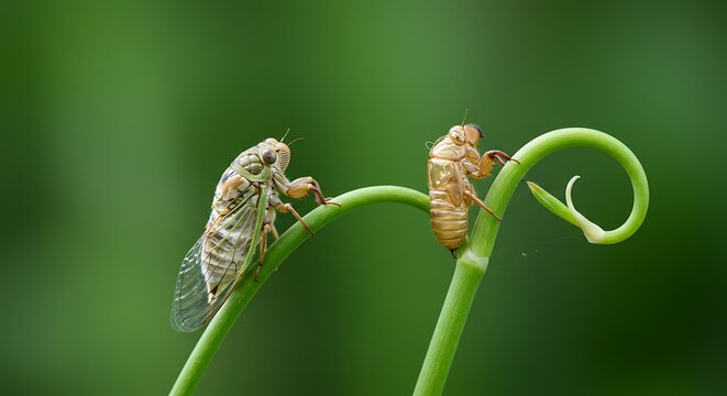Cicada emergence from nymph shell on vibrant green plant stalk in natural setting