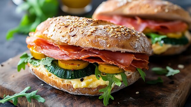 Breakfast sandwiches with vegetables prosciutto and cheese