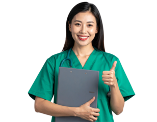 Smiling Nurse in Medical Uniform Holding Report Folder and Showing Thumbs Up, Isolated on Transparent Background