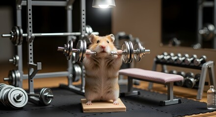 Hamster lifting weights in miniature gym