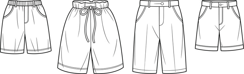 Men shorts cad drawing, flat sketch vector, fashion technical design template, casual apparel illustration, summer clothing outline, garment flat front back