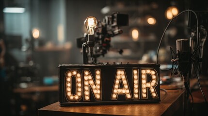 Vintage "ON AIR" sign illuminated in recording studio setting  