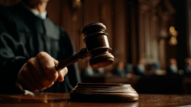 Judge using a wooden gavel to announce a verdict in court  