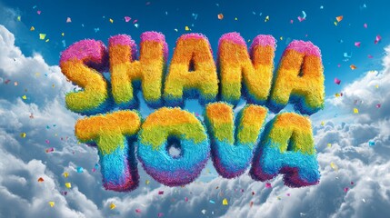 Colorful Shana Tova text on a sky backdrop with clouds  