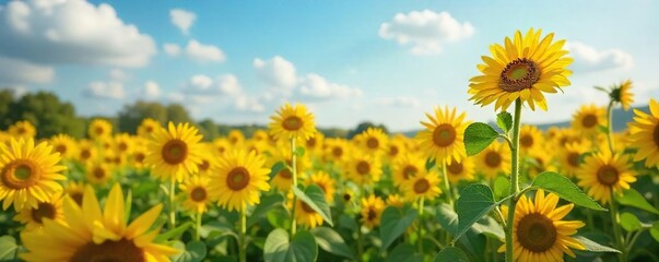 Fototapeta premium A whimsical field of sunflowers playfully tilted, some missing petals, creating a comical, slightly chaotic scene Perfect for quirky, lighthearted projects , amusing, humorous scene