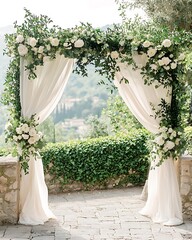 Wedding ceremony arch decorated with lush greenery high resolution picture