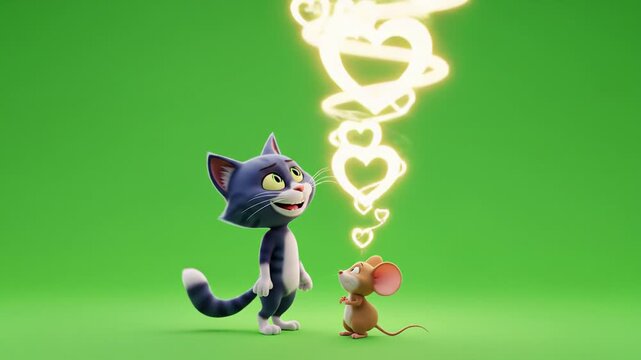 Cartoon cat and mouse looking at floating hearts friendship concept high quality professional