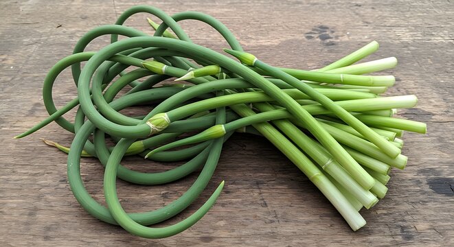 Bunch of fresh green garlic scapes on wood.