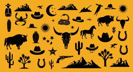 Silhouette Vintage Western Desert Elements Cowboy Culture and Tradition Illustration