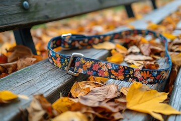 Wooden autumn bench featuring leather dog leash high resolution picture