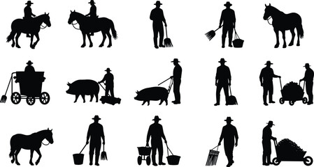Farmer silhouettes, horse, pig, wheelbarrow, farm tools, agriculture work, farmer with animals, countryside farming, rural lifestyle, farm labor illustration