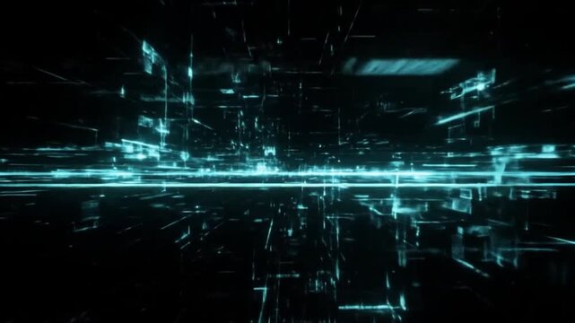 A striking abstract video featuring a turquoise digital explosion or disintegration effect against a deep black background.