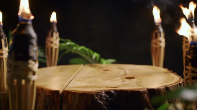 Dramatic tiki torches burning with a wooden platform amidst lush foliage