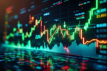 Colorful stock market chart with digital financial candlestick graph on a futuristic screen concept for economic analysis and trading strategy business.. Ai generative