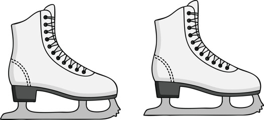 Pair of white ice skates sitting side by side, ready for winter fun and figure skating on a frozen pond, evoking a sense of winter sport excitement.