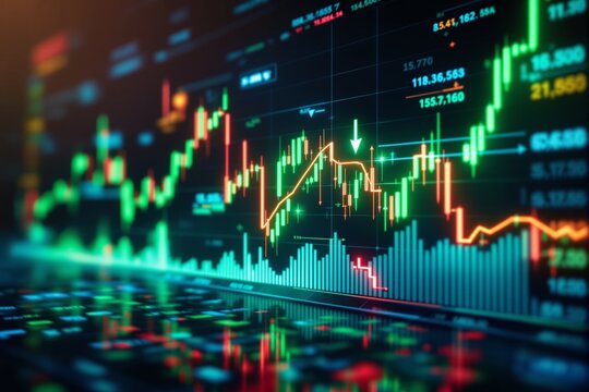 Colorful stock market chart with digital financial candlestick graph on a futuristic screen concept for economic analysis and trading strategy business.. Ai generative