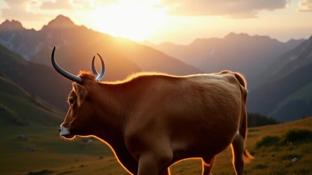 Cow in the Italian Alps in the Dolomites during sunset with mountains in the background.