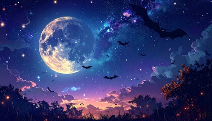 Naklejka premium Halloween Night: Bats with Moon, and Starry Sky full moon