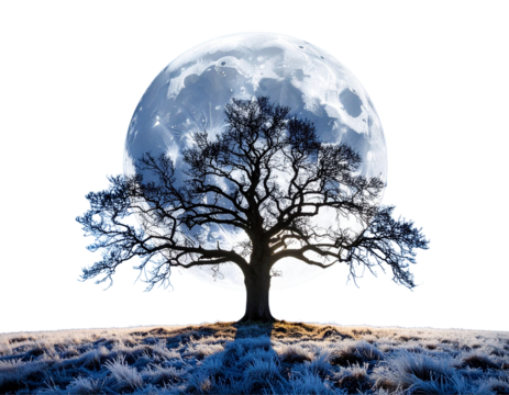 Full Moon Glow Through Bare Winter Tree Branches on Transparent Background