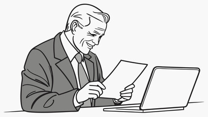 Businessman reviewing documents at his laptop happy expression line art illustration.