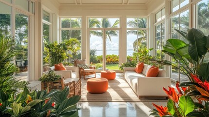 A living room with a lot of plants