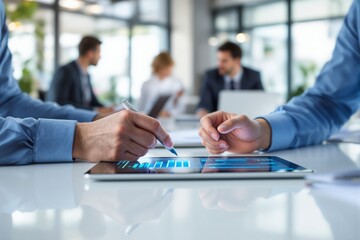 Close-up of business professionals analyzing data on a digital tablet during a meeting in a modern office environment with colleagues in background. Ai generative