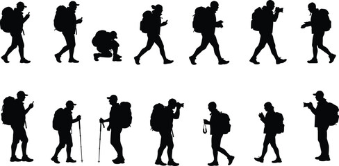 Hiking silhouette, traveler with backpack, outdoor trekking vector, adventure lifestyle illustration, tourist walking clipart, exploration journey, camera photographer man, black
