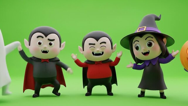 Halloween Characters Cute cartoon style featuring ghost vampire witch and pumpkin against green screen festive celebration