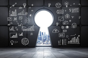 Keyhole-shaped opening revealing city skyline with business concept doodles on dark wall surface symbolizing success, growth, and innovation vision. Ai generative