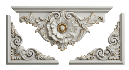 Elegant white decorative architectural element with floral motif and scrollwork, isolated on transparent background