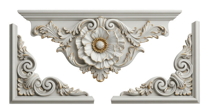 Elegant white decorative architectural element with floral motif and scrollwork, isolated on transparent background