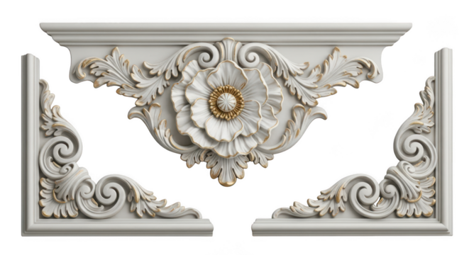 Elegant white decorative architectural element with floral motif and scrollwork, isolated on transparent background