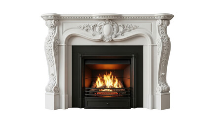 Ornate white marble fireplace with burning fire isolated on transparent background