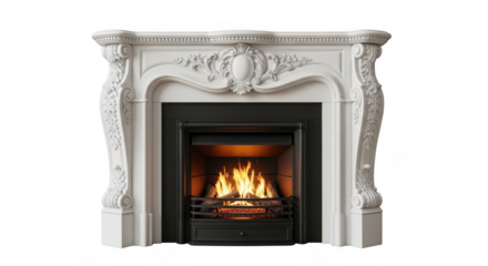 Ornate white marble fireplace with burning fire isolated on transparent background