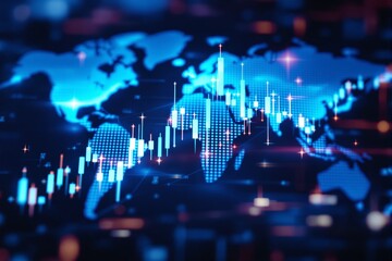 Global financial chart overlay on digital world map with glowing candlesticks and futuristic interface in finance business concept background. Ai generative