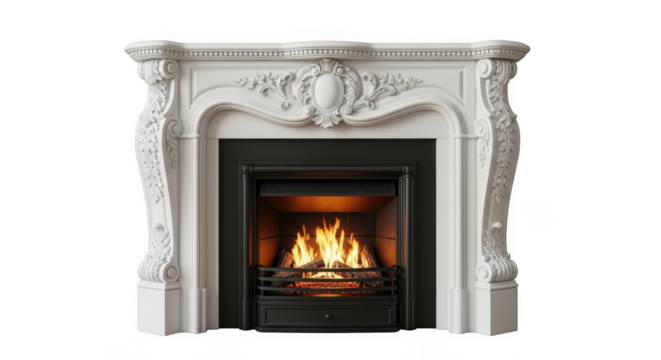 Ornate white marble fireplace with burning fire isolated on transparent background